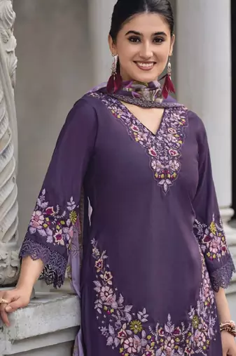 Floral embroidered v neck thread work pure cotton kurta with trouser and dupatta