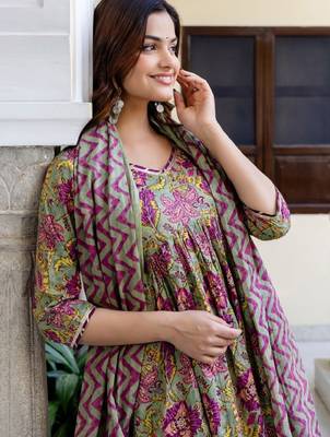 Floral printed empire pure cotton a-line kurta with trousers & dupatta 1