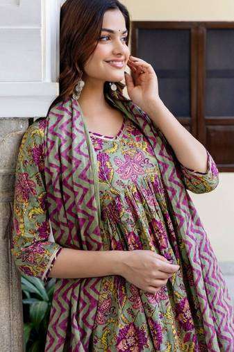 Floral printed empire pure cotton a-line kurta with trousers & dupatta