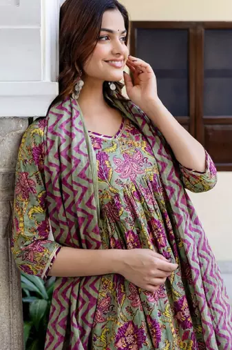 Floral printed empire pure cotton a-line kurta with trousers & dupatta