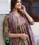 Floral printed empire pure cotton a-line kurta with trousers & dupatta