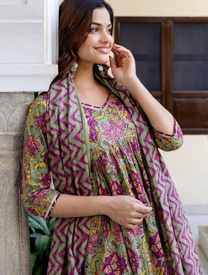 Floral printed empire pure cotton a-line kurta with trousers & dupatta