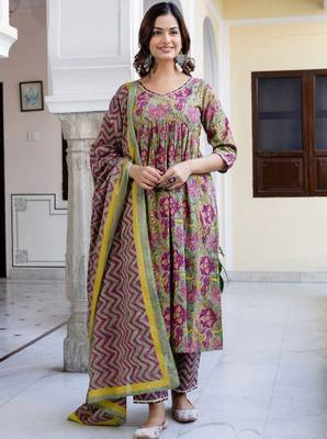 Floral printed empire pure cotton a-line kurta with trousers & dupatta 2