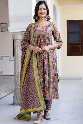 Floral printed empire pure cotton a-line kurta with trousers & dupatta