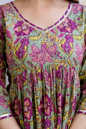 Floral printed empire pure cotton a-line kurta with trousers & dupatta