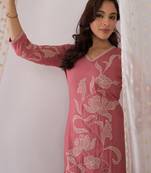Floral embroidered thread work pure cotton v-neck straight  kurta with trousers
