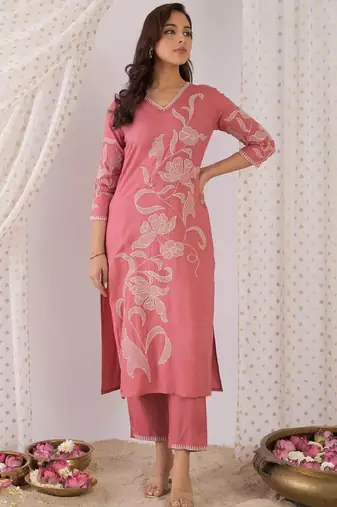 Floral embroidered thread work pure cotton v-neck straight  kurta with trousers