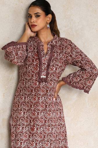 Floral printed cotton mandarin collar straight kurta