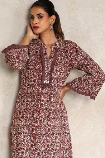 Floral printed cotton mandarin collar straight kurta