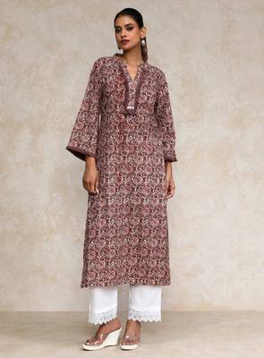 Floral printed cotton mandarin collar straight kurta 2