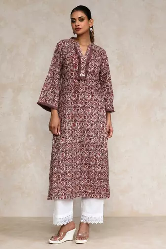 Floral printed cotton mandarin collar straight kurta