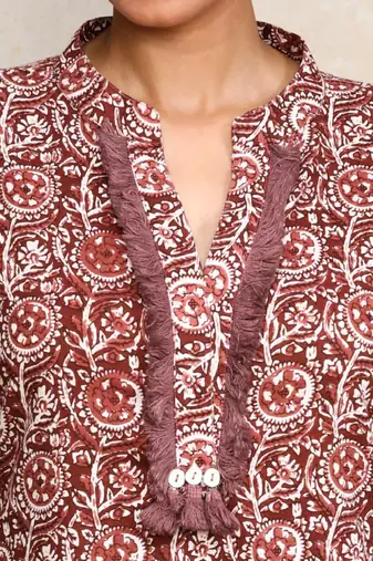 Floral printed cotton mandarin collar straight kurta