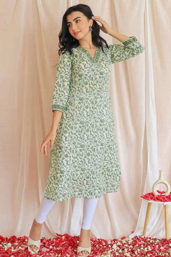 Floral printed v neck pure cotton kurta