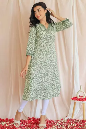 Floral printed v neck pure cotton kurta