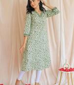 Floral printed v neck pure cotton kurta
