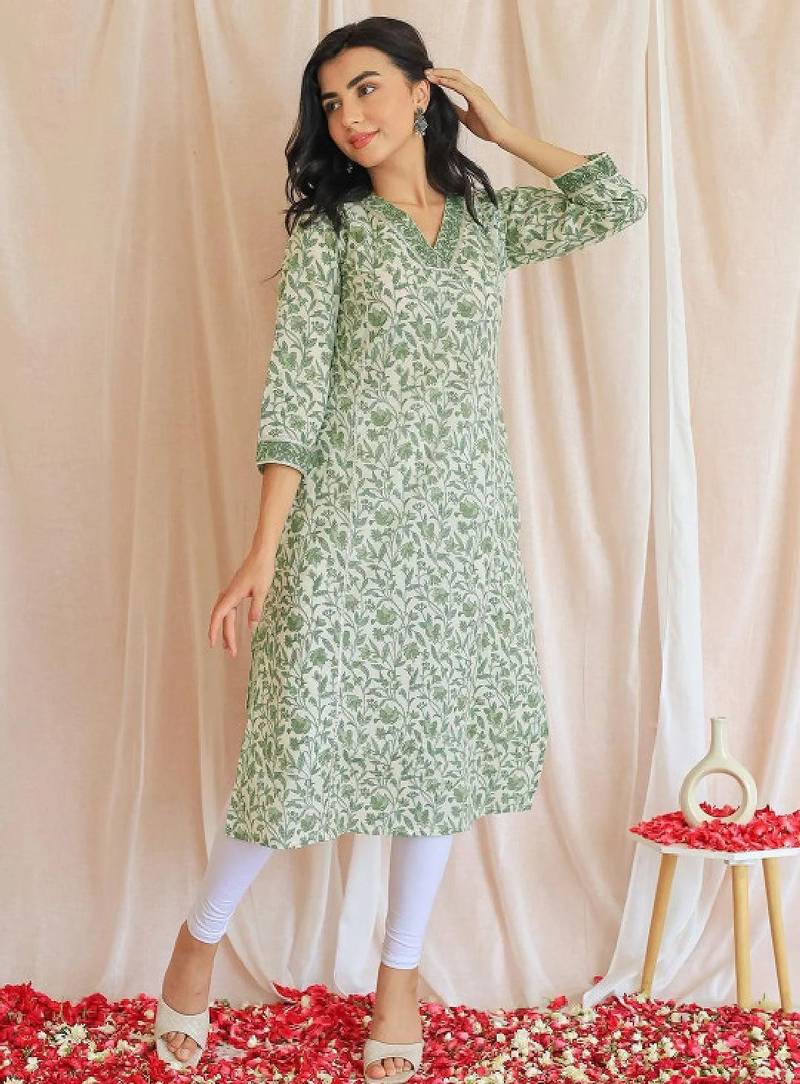 Floral printed v neck pure cotton kurta