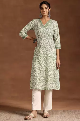 Floral printed v neck pure cotton kurta