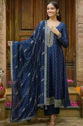 Bandhani printed panelled sequinned anarkali kurta with trousers & dupatta