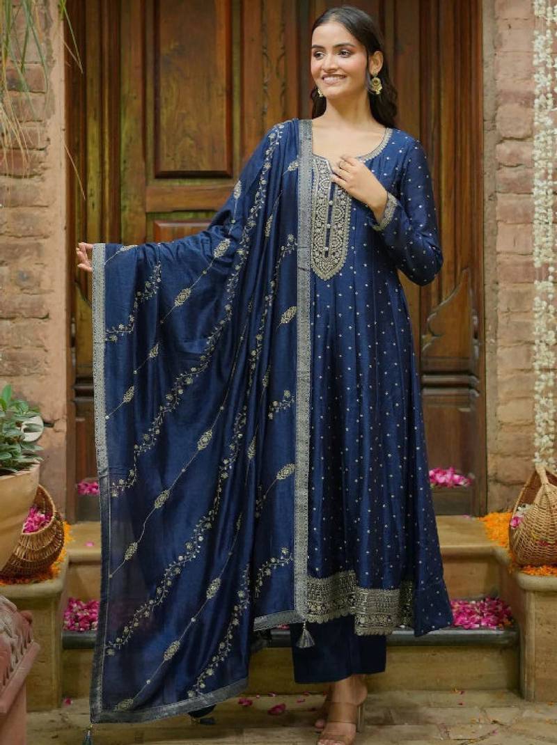 Bandhani printed panelled sequinned anarkali kurta with trousers & dupatta