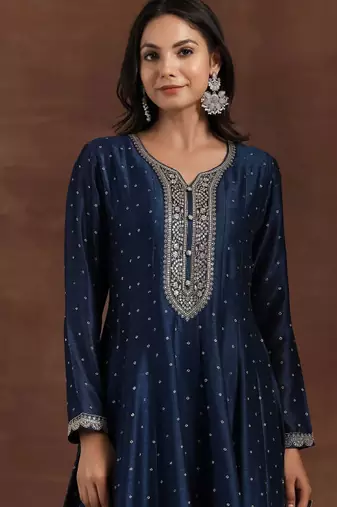 Bandhani printed panelled sequinned anarkali kurta with trousers & dupatta