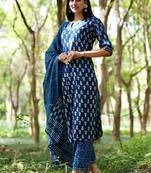 Floral printed keyhole neck straight kurta with palazzos and dupatta