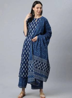 Floral printed keyhole neck straight kurta with palazzos and dupatta 2
