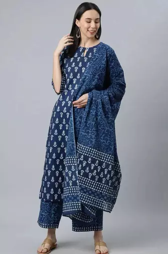 Floral printed keyhole neck straight kurta with palazzos and dupatta