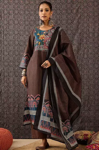 Women ethnic motifs printed regular sequinned pure cotton kurta with trousers & with dupatta