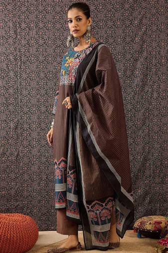 Women ethnic motifs printed regular sequinned pure cotton kurta with trousers & with dupatta