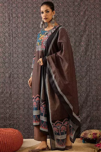 Women ethnic motifs printed regular sequinned pure cotton kurta with trousers & with dupatta