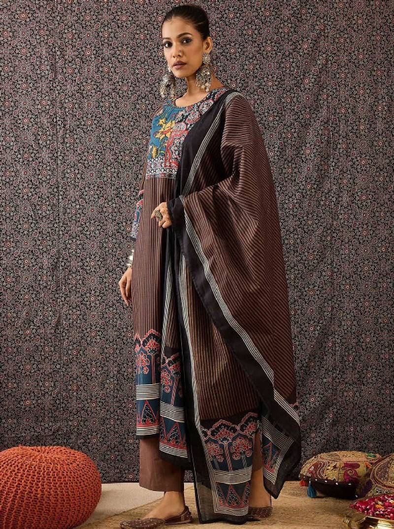 Women ethnic motifs printed regular sequinned pure cotton kurta with trousers & with dupatta