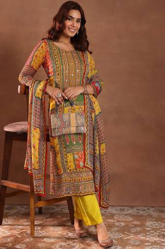 Women ethnic motifs printed regular kurta with trousers & with dupatta