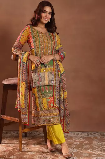 Women ethnic motifs printed regular kurta with trousers & with dupatta