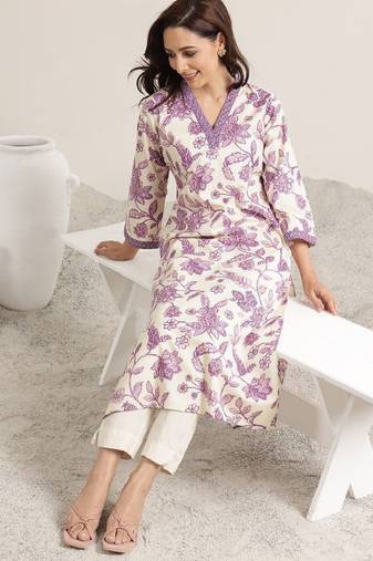 Women floral printed sequins straight kurta