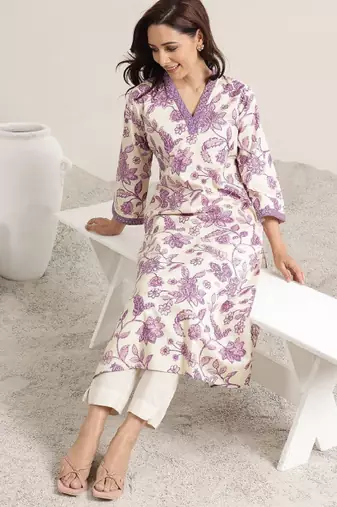 Women floral printed sequins straight kurta
