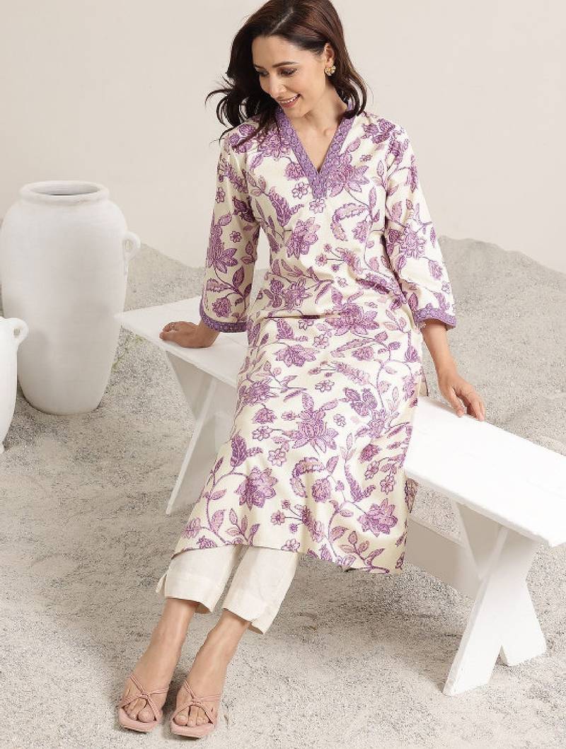 Women floral printed sequins straight kurta