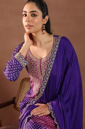 Women bandhani printed regular kurta with trousers & with dupatta