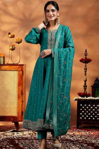 Womens green embroidered anarkali kurta with trousers & dupatta