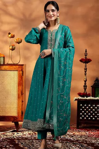 Womens green embroidered anarkali kurta with trousers & dupatta