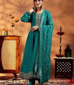 Womens green embroidered anarkali kurta with trousers & dupatta