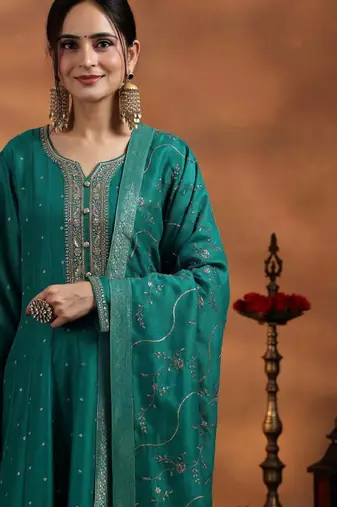 Womens green embroidered anarkali kurta with trousers & dupatta