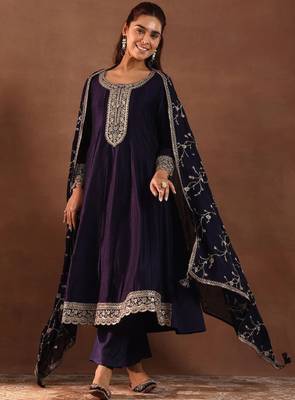 Womens purple embroidered anarkali kurta with trousers & dupatta 1