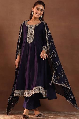 Womens purple embroidered anarkali kurta with trousers & dupatta