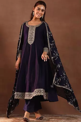 Womens purple embroidered anarkali kurta with trousers & dupatta