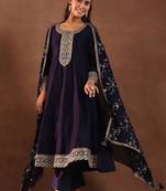 Womens purple embroidered anarkali kurta with trousers & dupatta