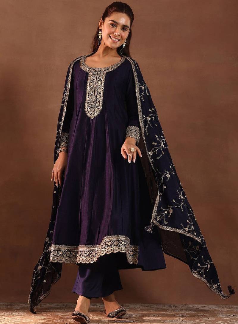 Womens purple embroidered anarkali kurta with trousers & dupatta