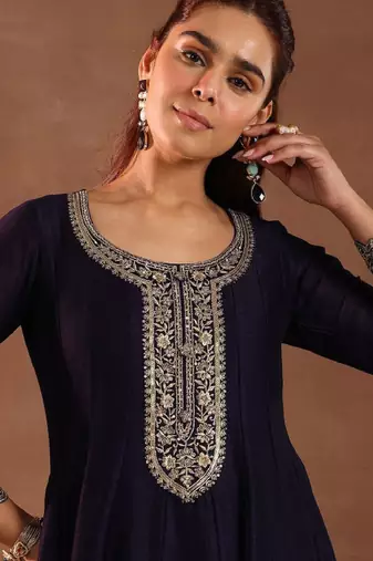 Womens purple embroidered anarkali kurta with trousers & dupatta