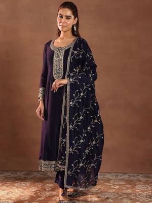 Womens purple embroidered anarkali kurta with trousers & dupatta 3
