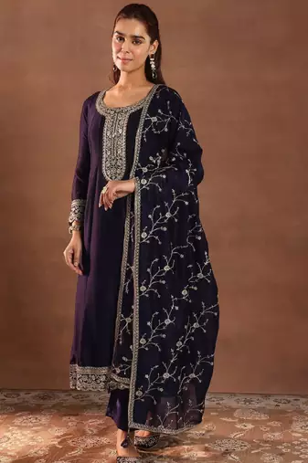 Womens purple embroidered anarkali kurta with trousers & dupatta