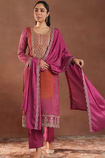 Women bandhani printed regular kurta with trousers & with dupatta